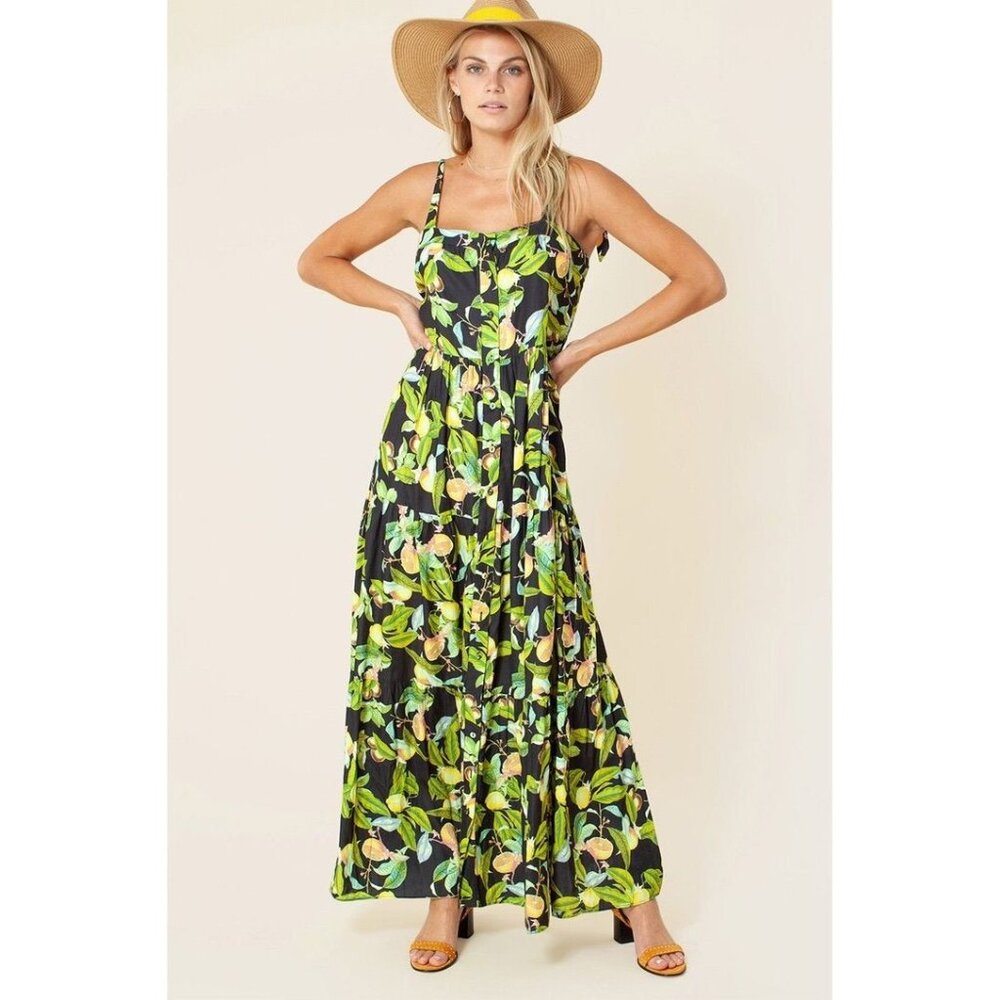Hale Bob women's large maxi Elbise lemon print black tie sleeve maxi dress